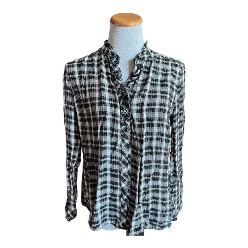 Womens Nordstrom Como Vintage Plaid Scalloped Ruffle Button Down Shirt - Sz L